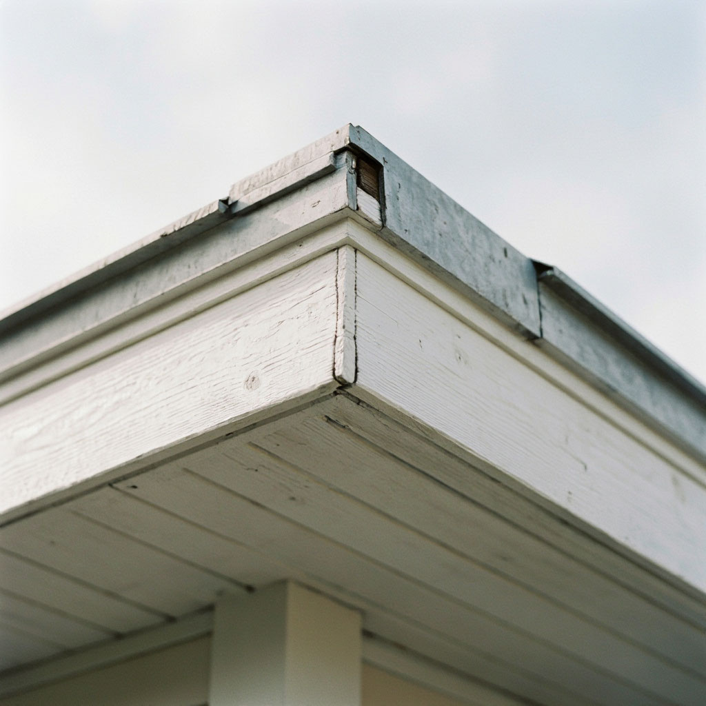Detail of fascia and soffit trim under a residential eave