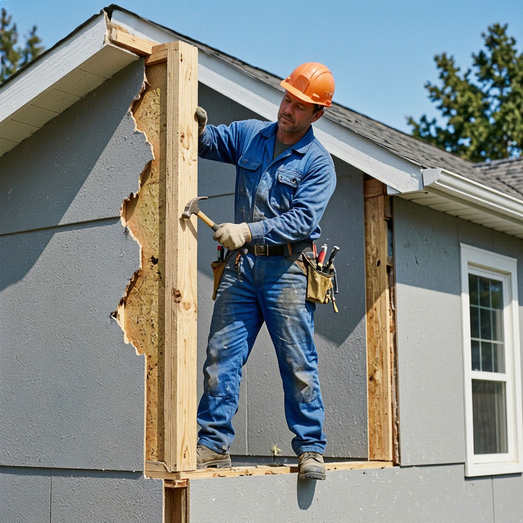 Contractor repairing damaged exterior siding panels