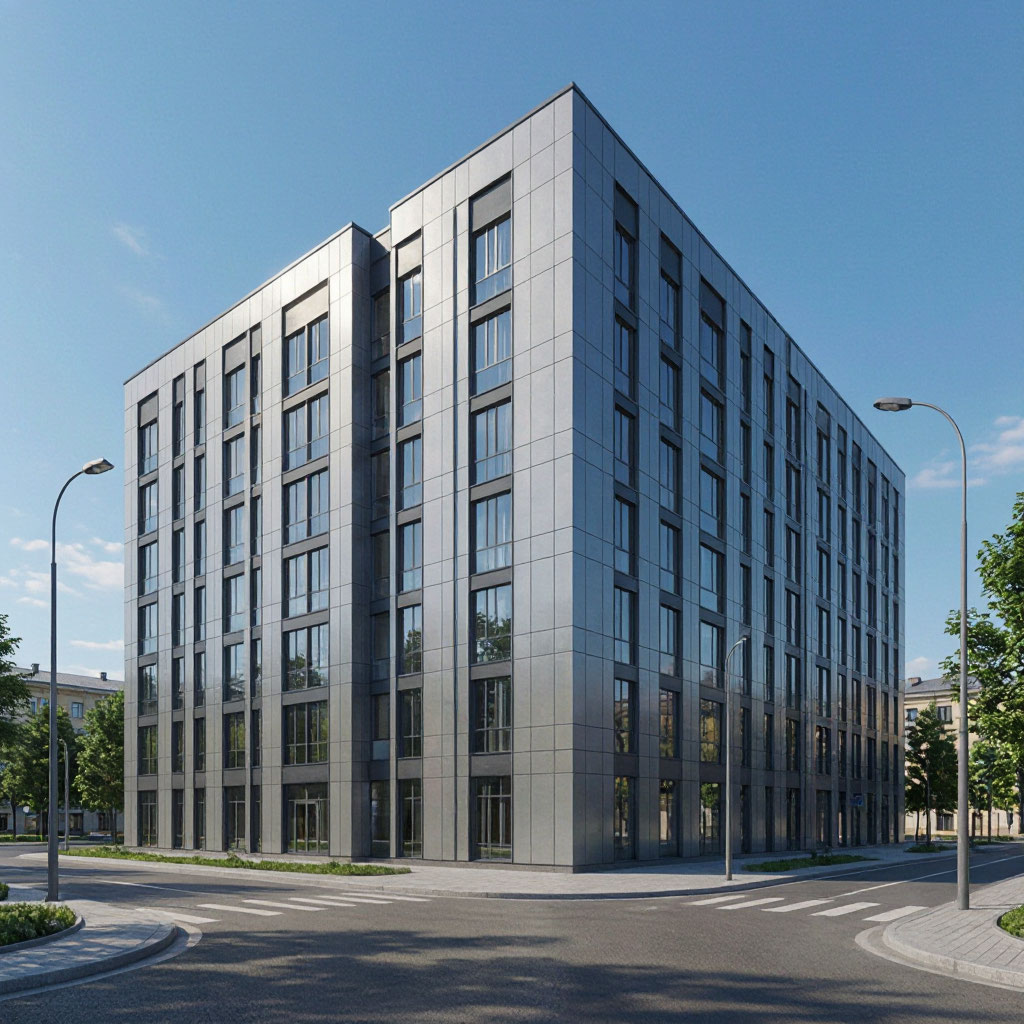 Multi-story commercial building with exterior cladding